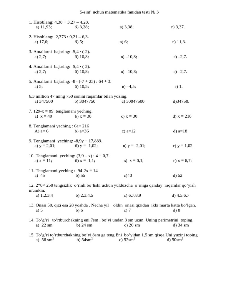 5 Sinf Matematika Test 1 | PDF