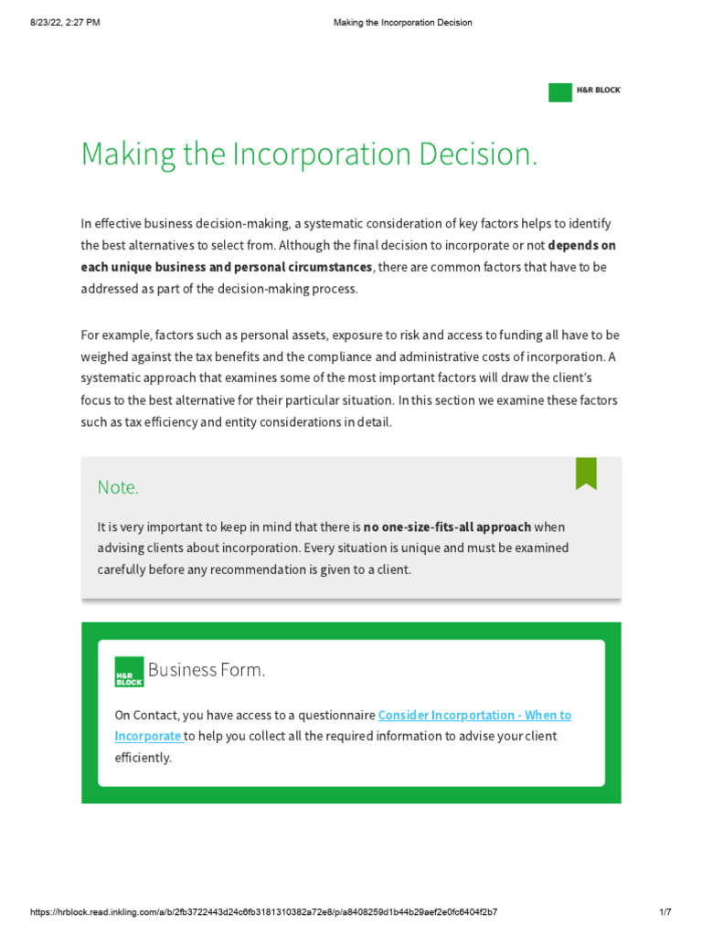 Key Factors in Business Incorporation | PDF | Taxes | Corporations