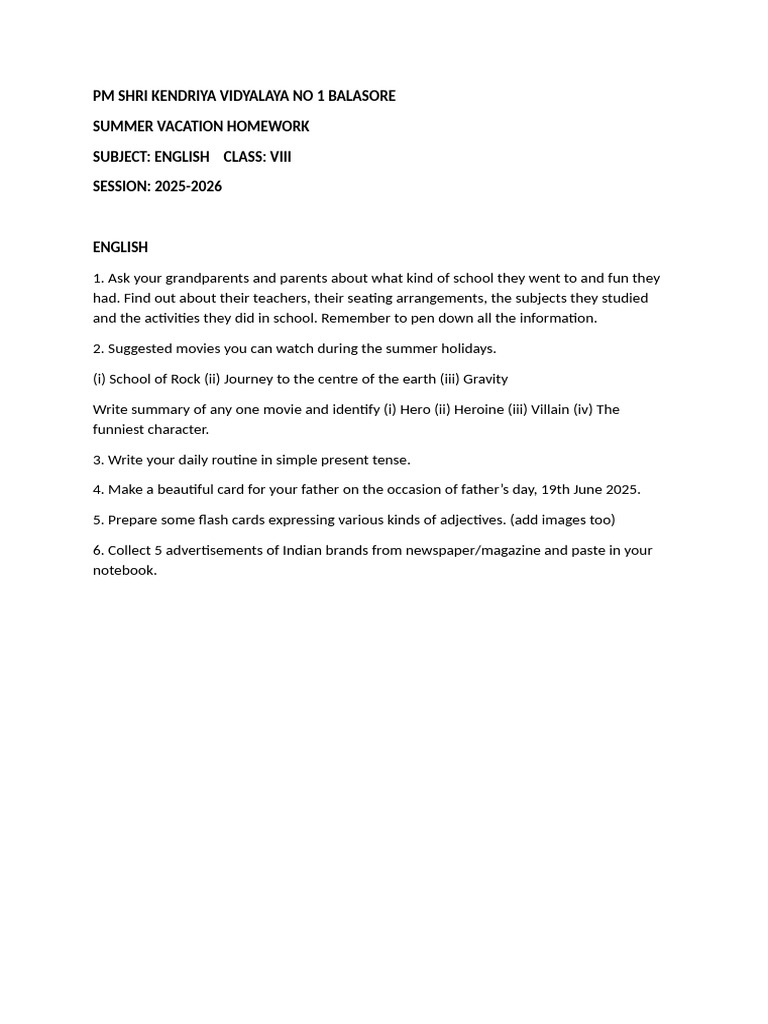 Class 8 English Holiday Homework Guide | PDF