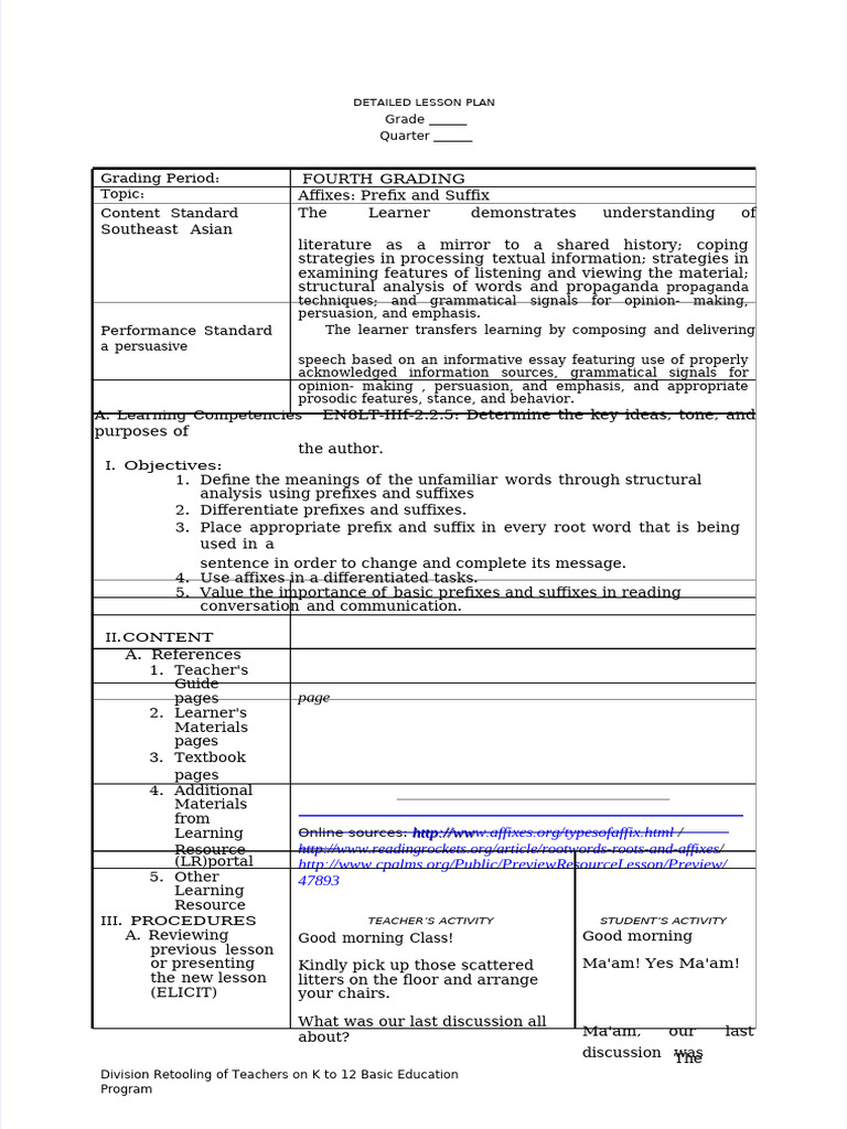 K-12 Lesson Plan: Affixes Explained | PDF | Word | Learning