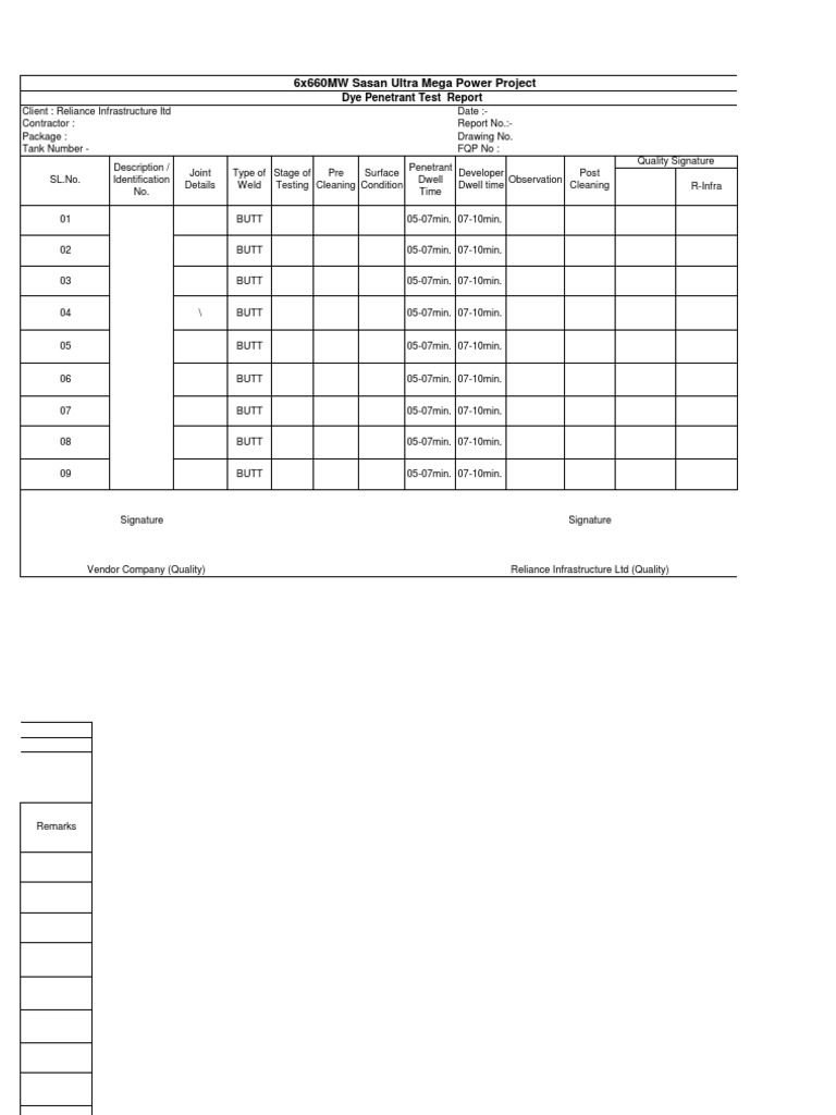 6x660MW Sasan Ultra Mega Power Project: Dye Penetrant Test Report | PDF