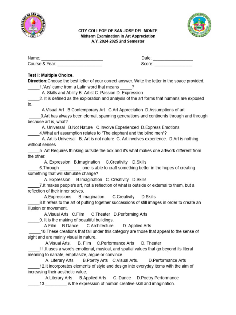 Dasmarinas Midterm Examination in Art Appreciation | PDF | The Arts ...