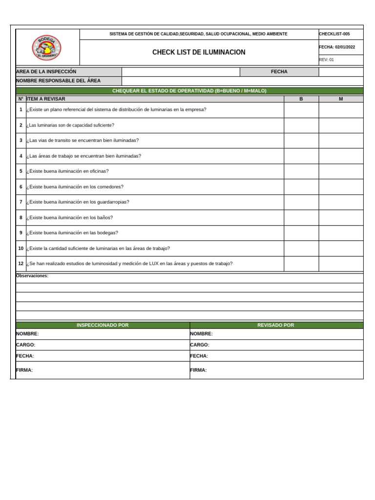 Checklist de Iluminación en Empresas | PDF