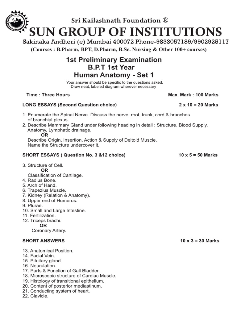 BPT 1st Year Anatomy Exam Papers | PDF | Anatomy | Human Body