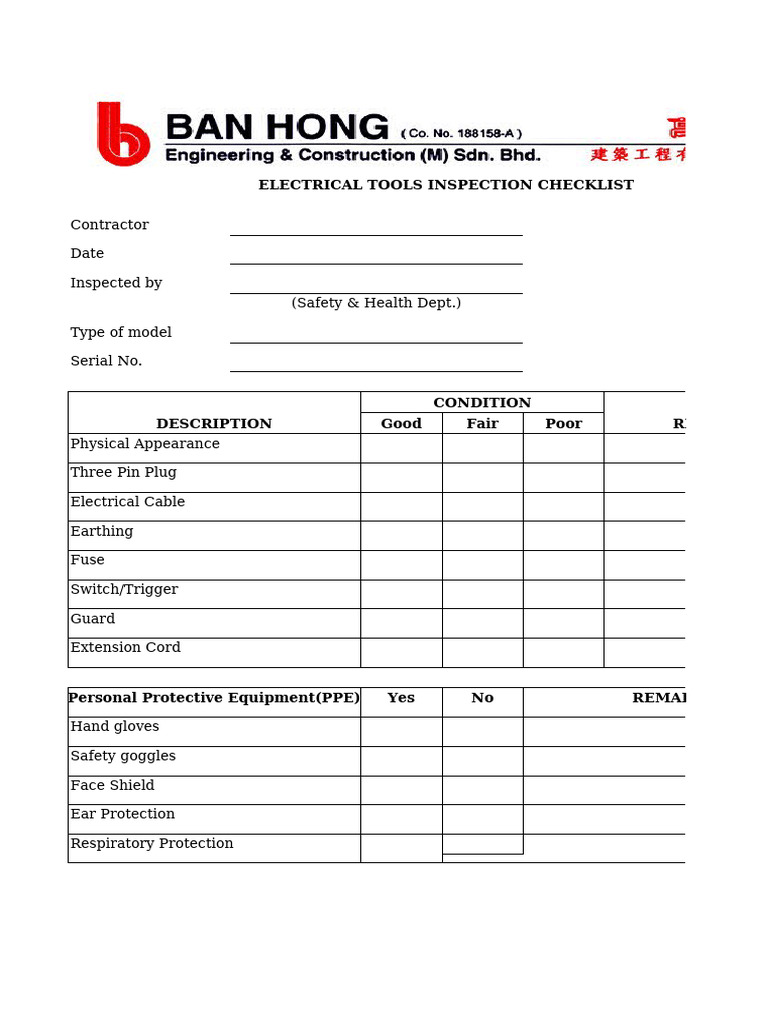 Electrical Tools Inspection Checklist | PDF