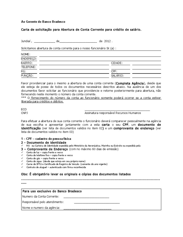 Carta Abertura de Conta