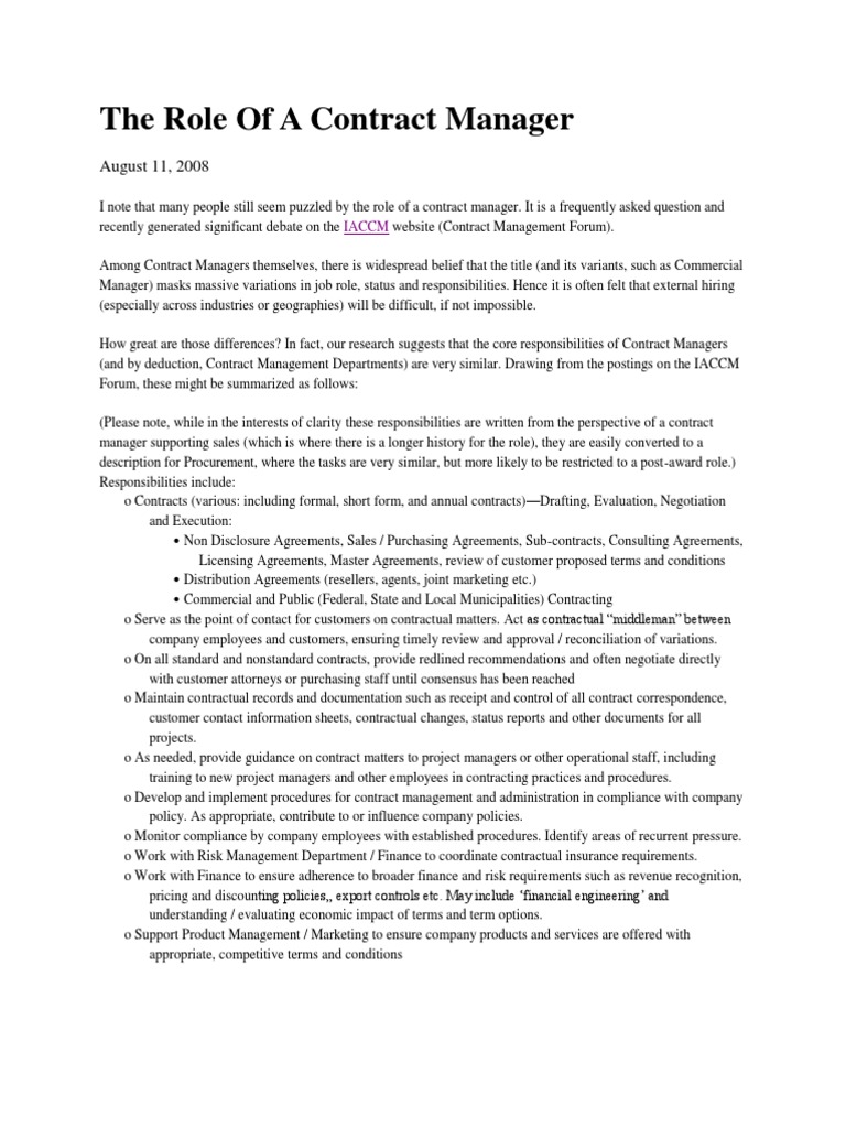 The Role of A Contract Manager | PDF | Strategic Management ...
