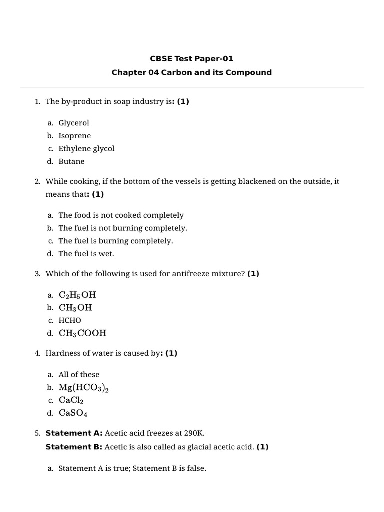 CBSE Class 10 Carbon Compounds Test Paper | PDF | Ethanol | Hydrocarbons