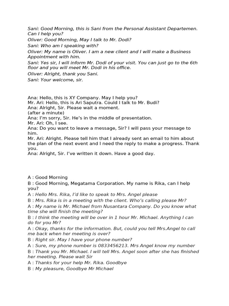 Dialog Telpon Bahasa Inggris (Menitipkan Pesan) | PDF