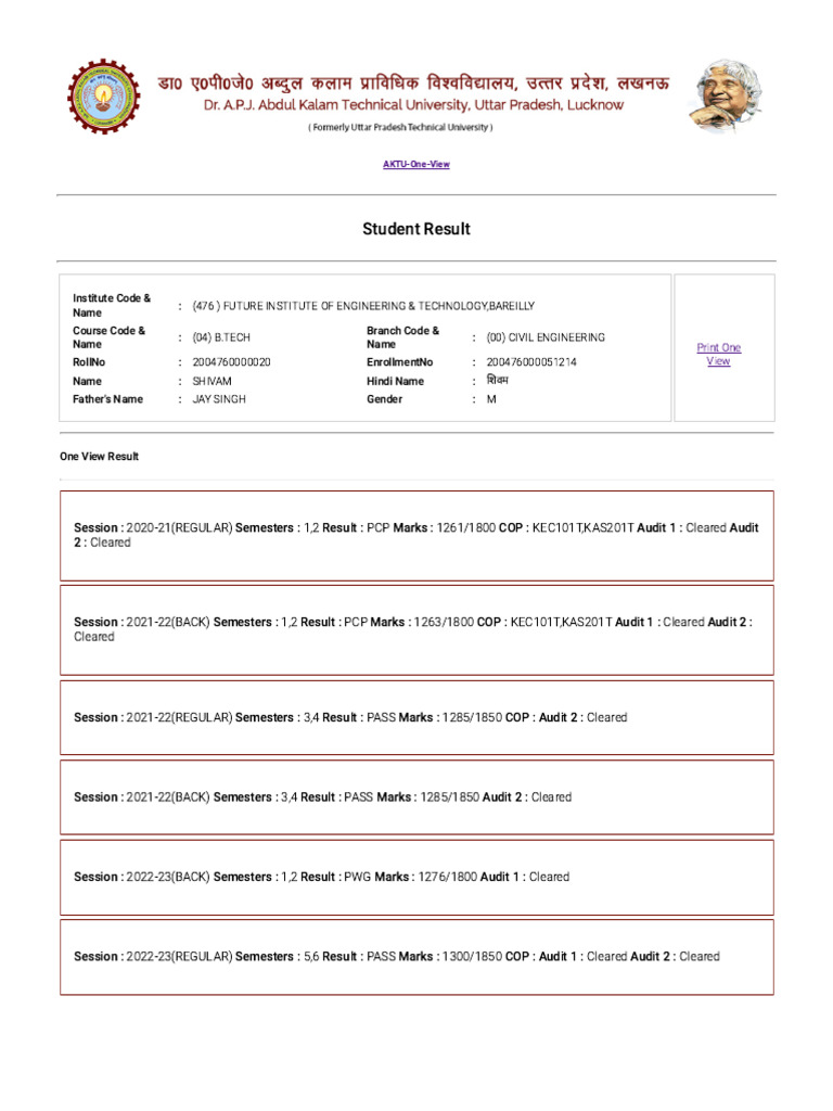 Shivam's B.Tech Civil Engineering Results | PDF
