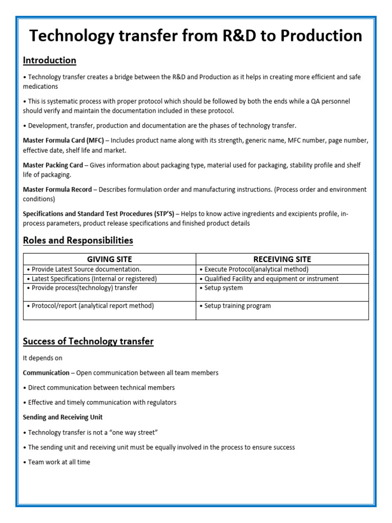 R&D to Production Technology Transfer Guide | PDF | Specification ...