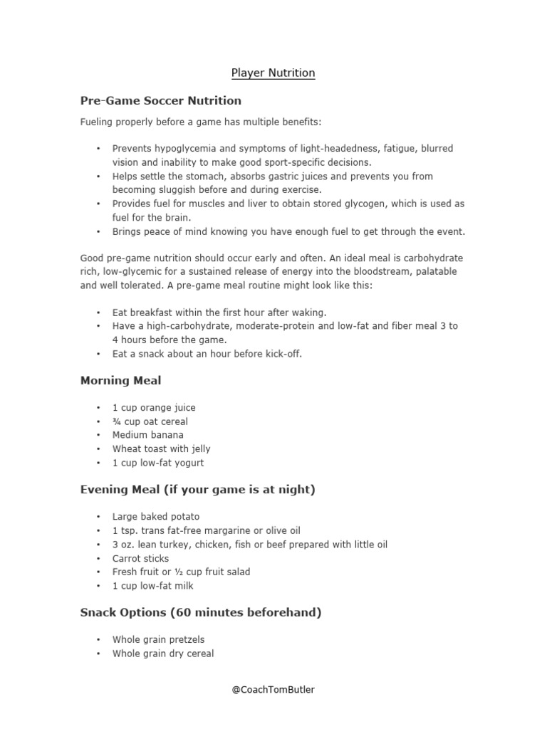 Pre-Game Soccer Nutrition Guide | PDF | Meal | Cereals