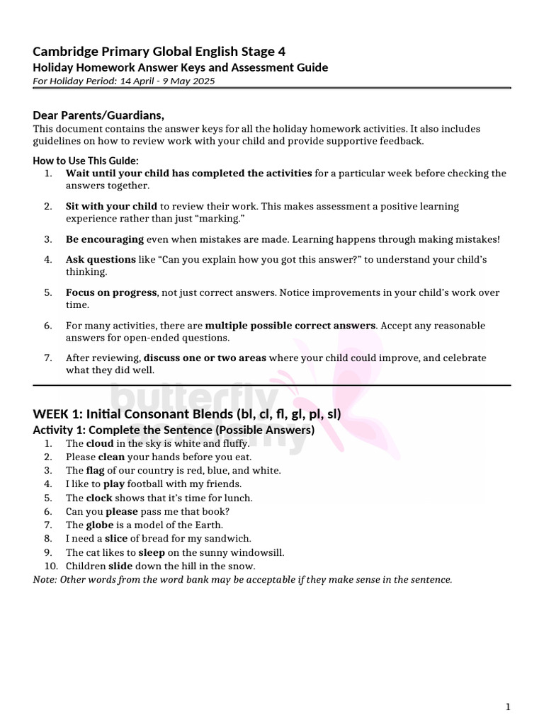 Holiday Homework Answer Keys Guide | PDF | Linguistics