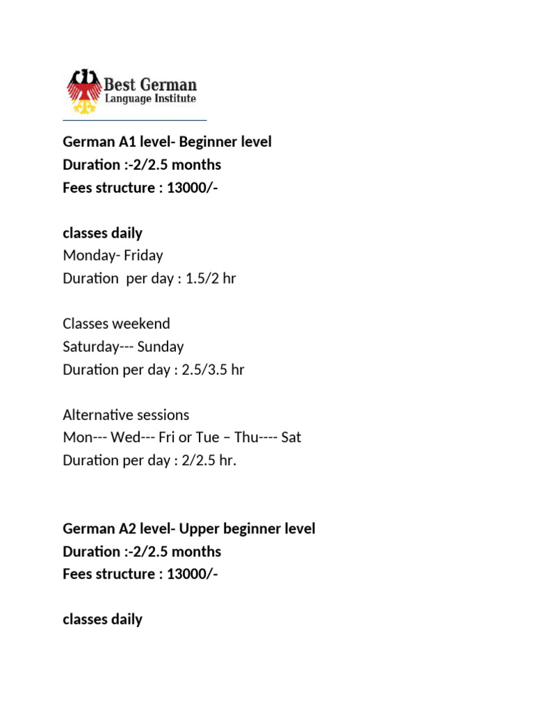 German Language Course Levels & Fees | PDF | Second Language ...