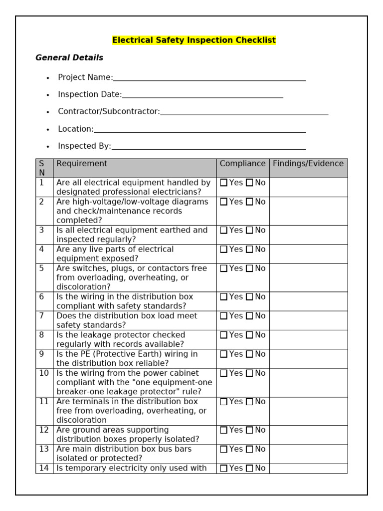 Electrical Safety Inspection Checklist | PDF | Electrician | Electrical ...