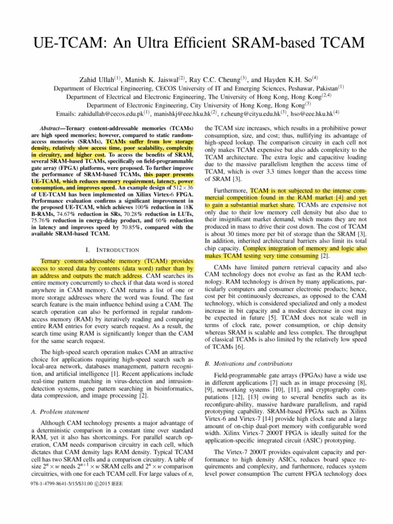 UE-TCAM: Efficient SRAM-based TCAM Design | PDF | Field Programmable ...