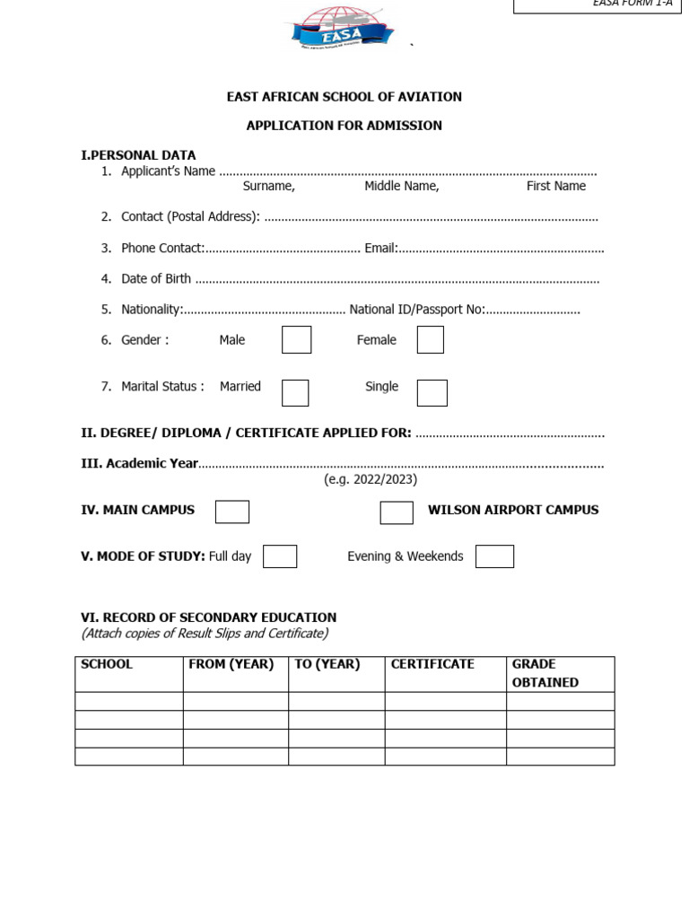 EASA Admission Application Form | PDF