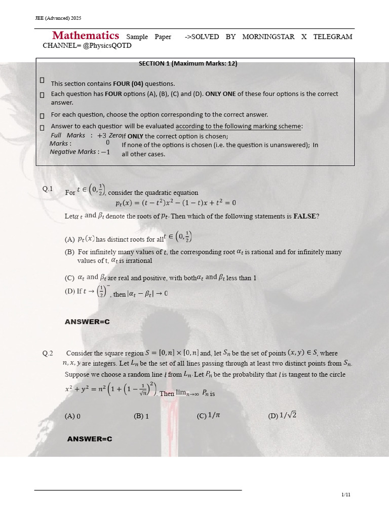 JEE Advanced 2025 Sample Paper | PDF | Complex Number | Interval ...