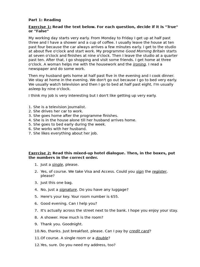 Daily Routines and Exercises for ESL | PDF