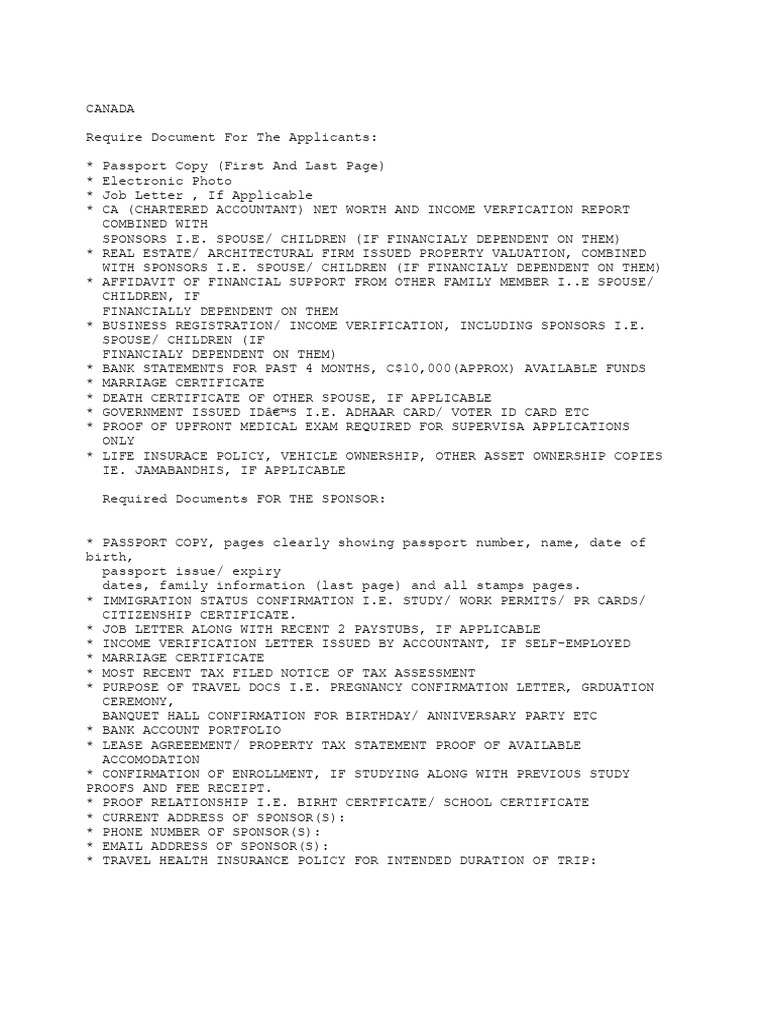 Canada Visa Application Document Checklist | PDF