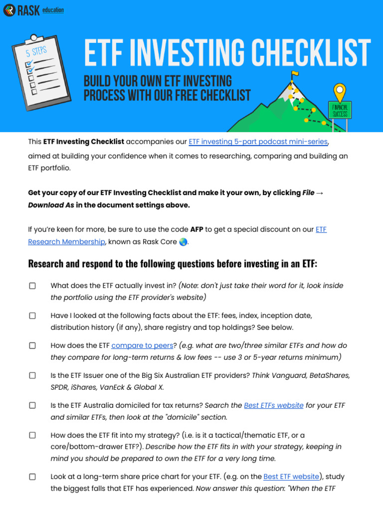 ETF Investing Checklist Guide | PDF | Exchange Traded Fund | Asset ...