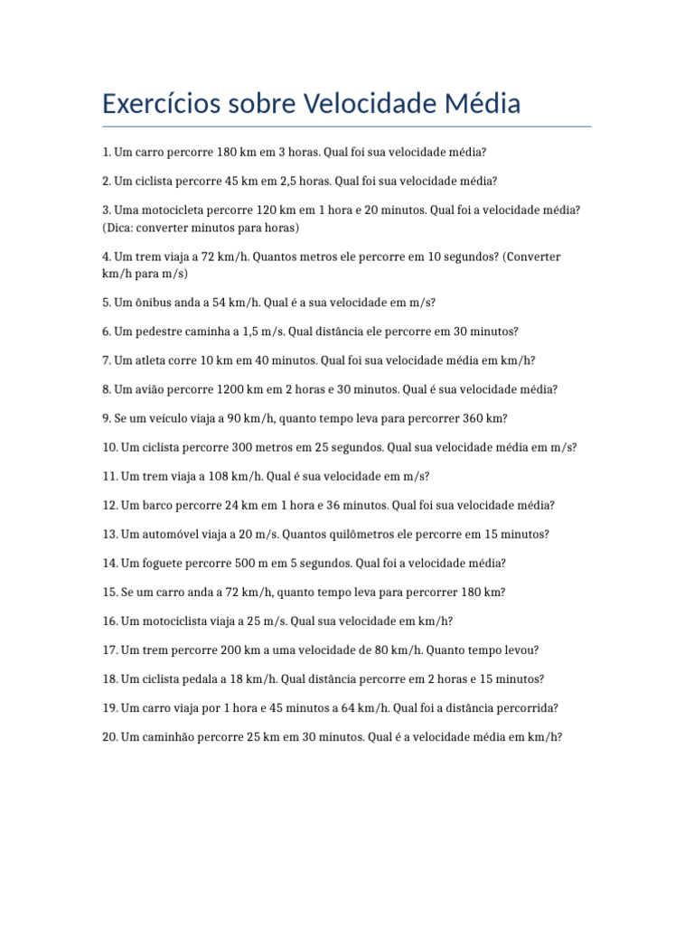 Exercícios de Velocidade Média 9º Ano | PDF