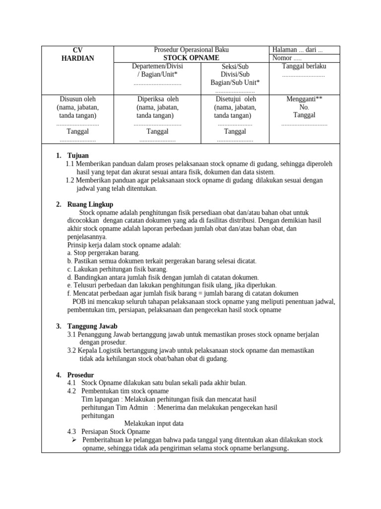 Prosedur Stock Opname Gudang CV Hardian | PDF