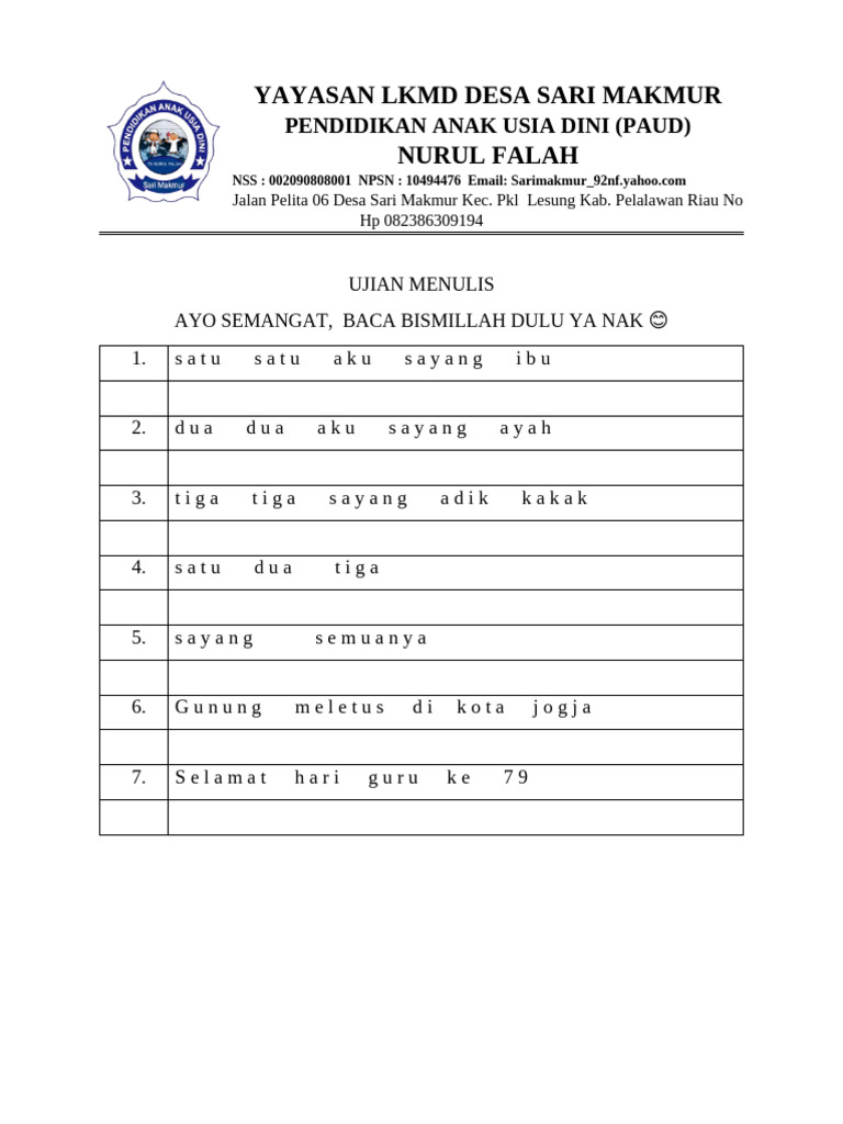 Ujian PAUD Yayasan LKMD Sari Makmur | PDF