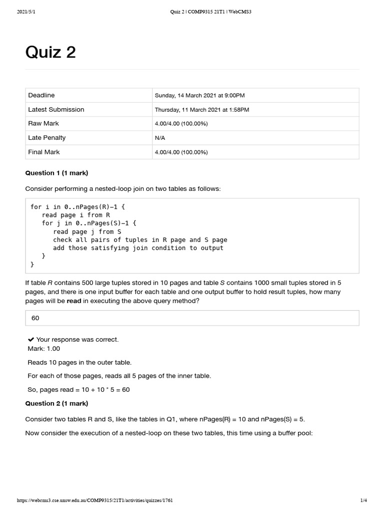 Quiz 2 COMP9315 21T1 WebCMS3 PDF | PDF | Relational Model | Computer ...