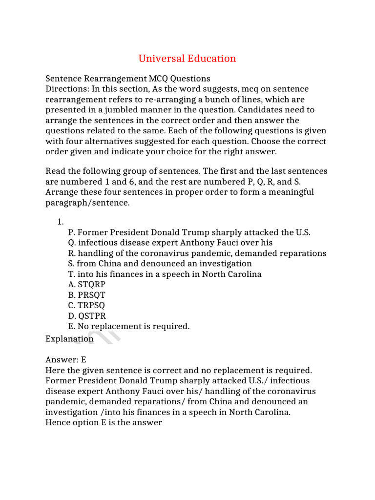 Sentence Rearrangement Practice MCQs | PDF | Force | Mass