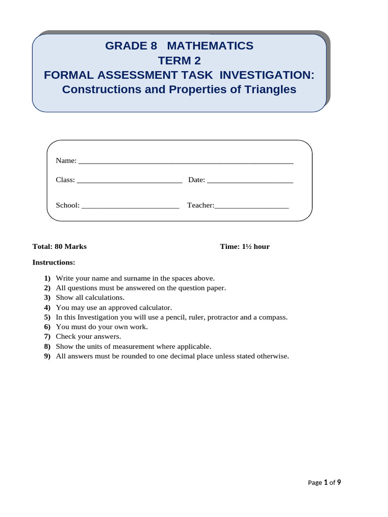 Grade 8 Mathematics FAT (Investigation) | PDF | Triangle | Triangle ...