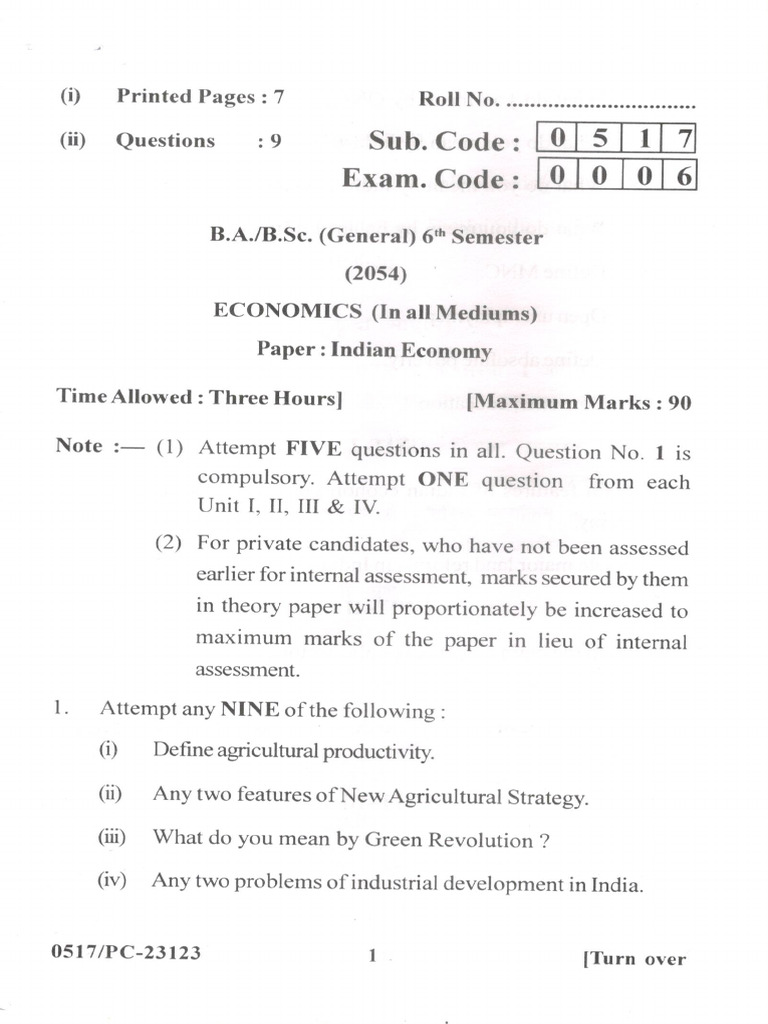 BA BSC General 6th Sem Economics Paper Indian Economy May 2024 | PDF