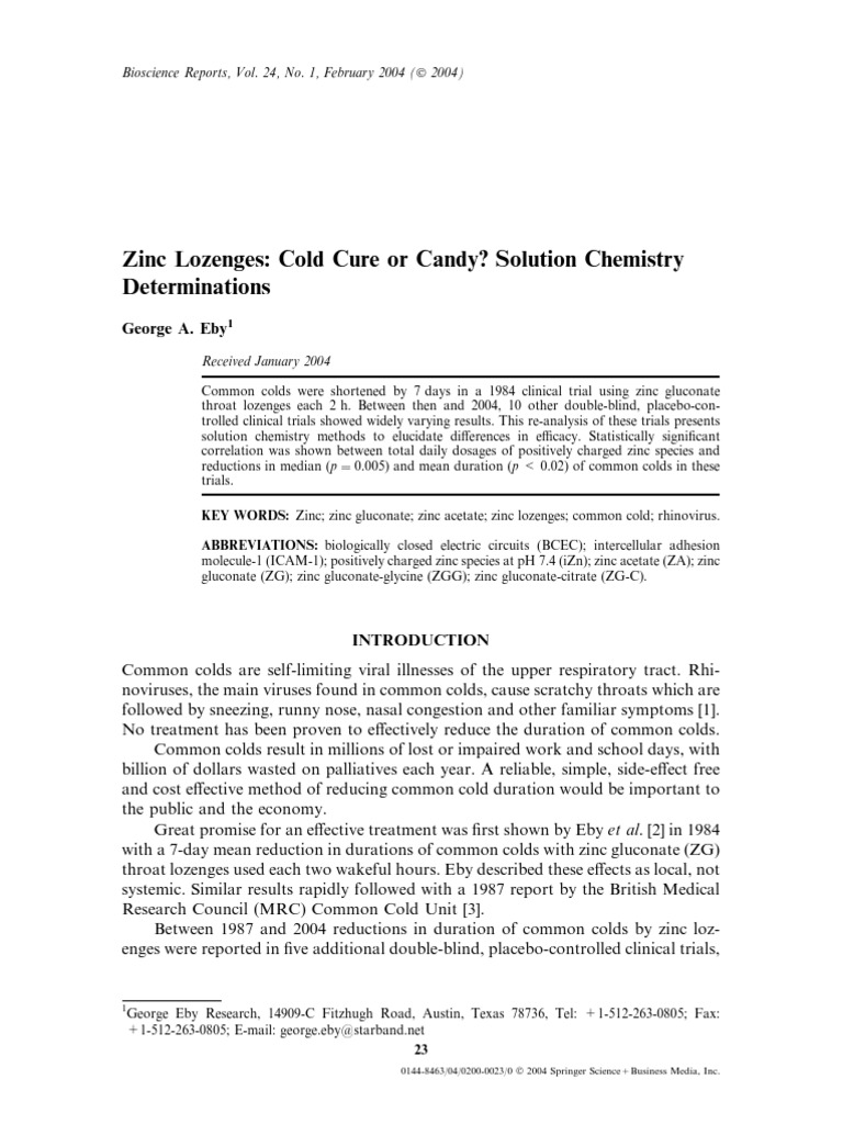 Zinc Lozenges Cold Cure or Candy?0 PDF Acid Dissociation Constant