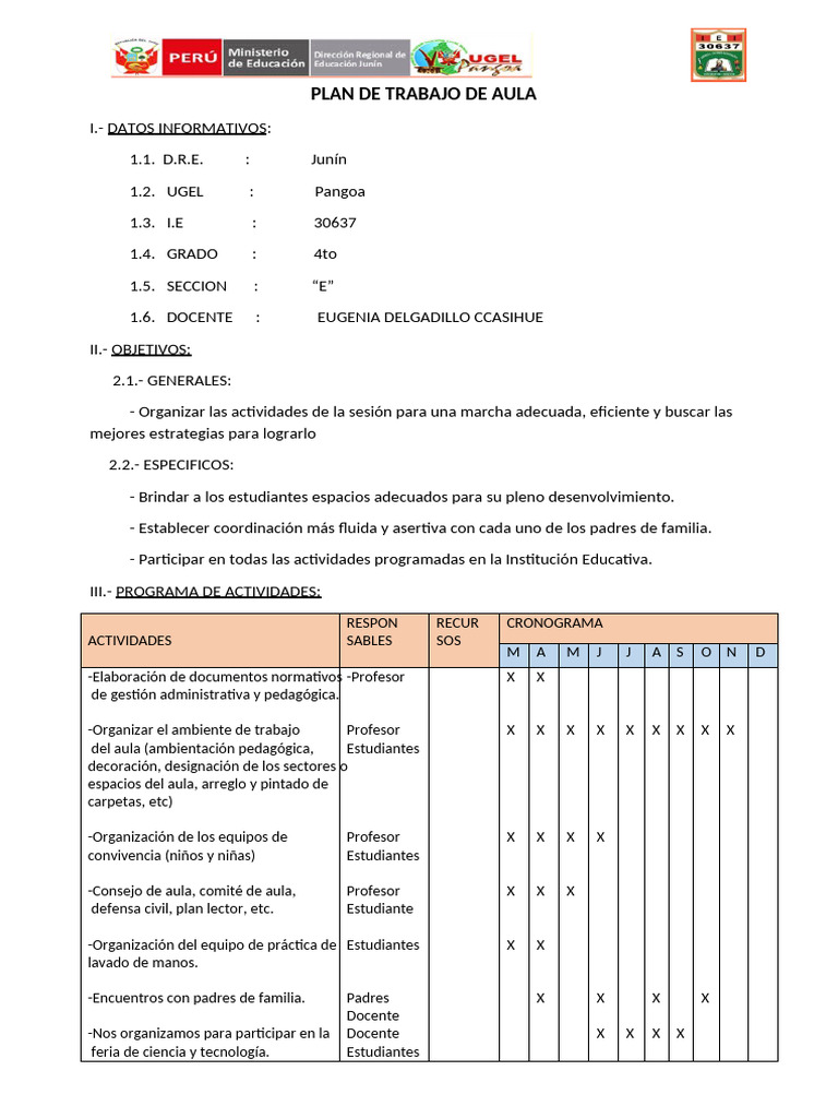 4to Plan de Trabajo de Aula | PDF | Maestros | Salón de clases
