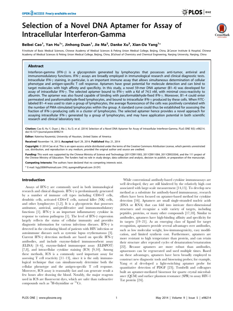 Selection of A Novel DNA Aptamer For Assay of Intracellular Interferon ...