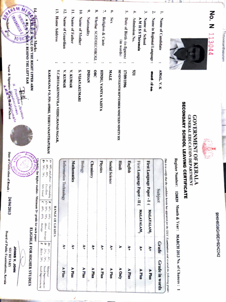 Kerala SSLC Certificate - Amal V. K. | PDF