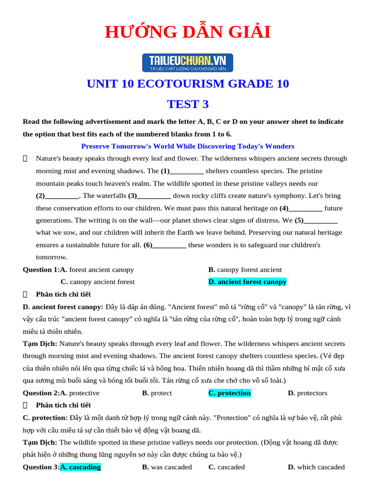 UNIT 10 ECOTOURISM GRADE 10 TEST 3 Giải Chi Tiết | PDF