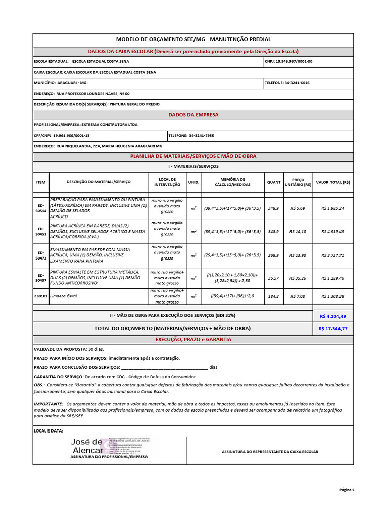 Orçamento de Manutenção Predial SEE/MG | PDF