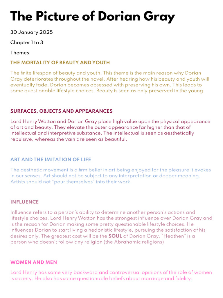 Dorian Gray: Themes and Chapter Summaries | PDF | The Picture Of Dorian ...