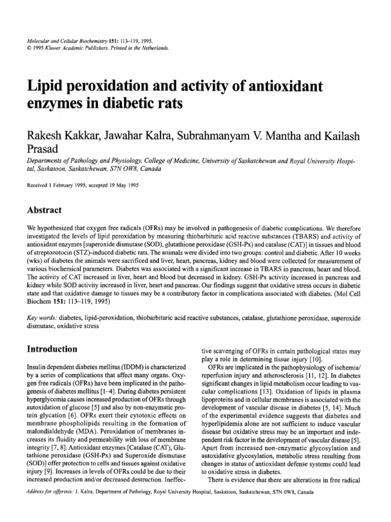 Lipid Peroxidation in Diabetic Rats | PDF | Oxidative Stress ...