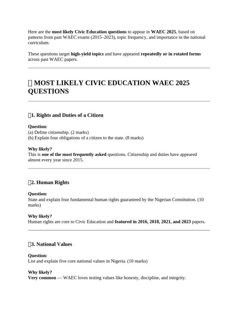 WAEC 2025 Civic Education Questions Guide | PDF | Citizenship | Governance