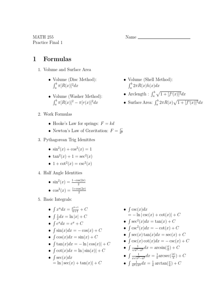 Math 255 Practice Final Review Guide | PDF | Trigonometric Functions ...