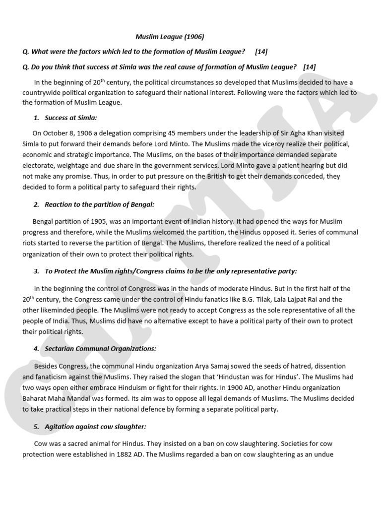 Factors Behind Muslim League Formation | PDF | All India Muslim League ...