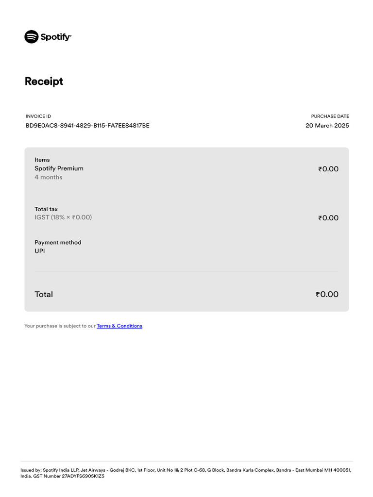 Spotify Premium Invoice Receipt | PDF