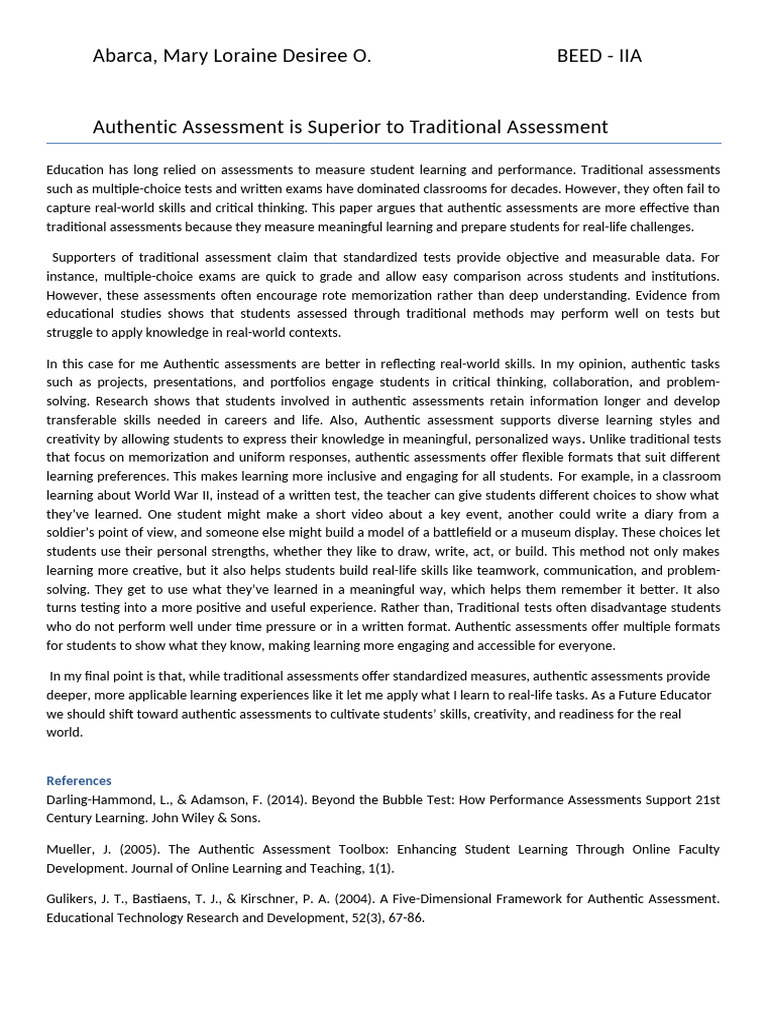 Position Paper Authentic Vs Traditional Assessment | PDF | Educational ...
