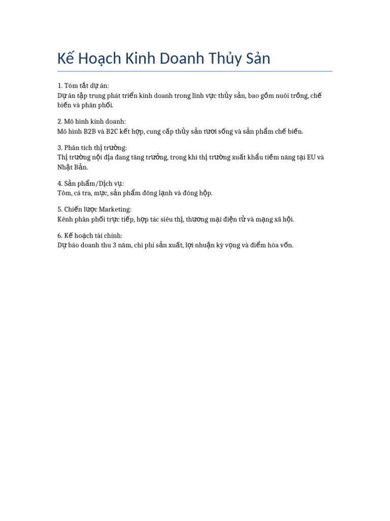 Ke Hoach Kinh Doanh Thuy San | PDF