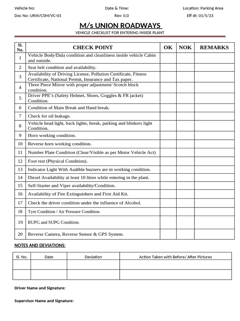 Vehicle Entry Checklist for Plant Safety | PDF