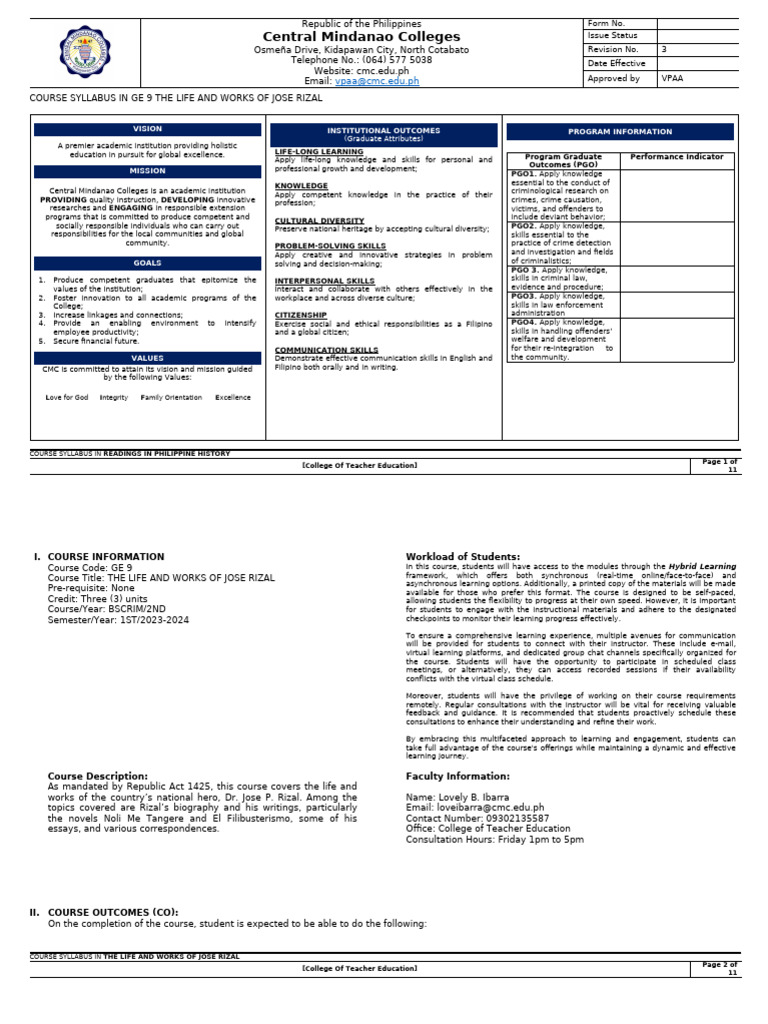 GE 9 Course Syllabus: Jose Rizal | PDF | Cognition | Learning