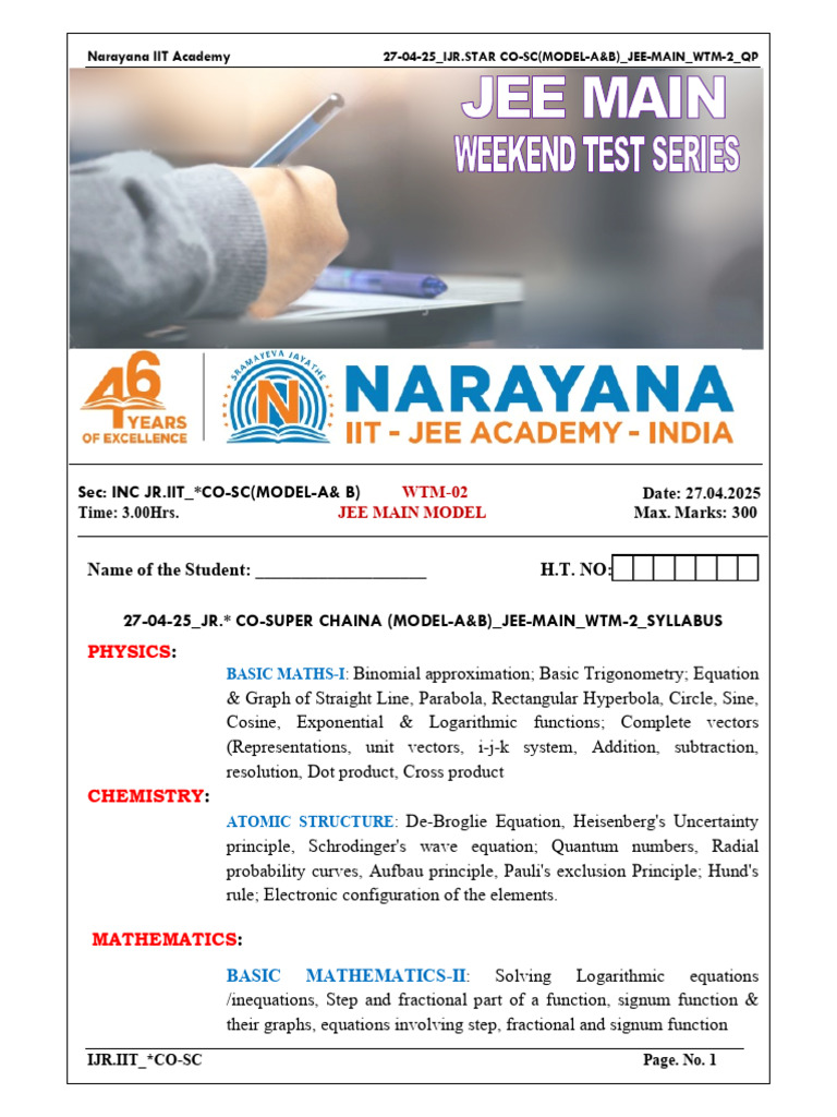 JEE Main Model Exam Paper 2025 | PDF | Atomic Orbital | Electron