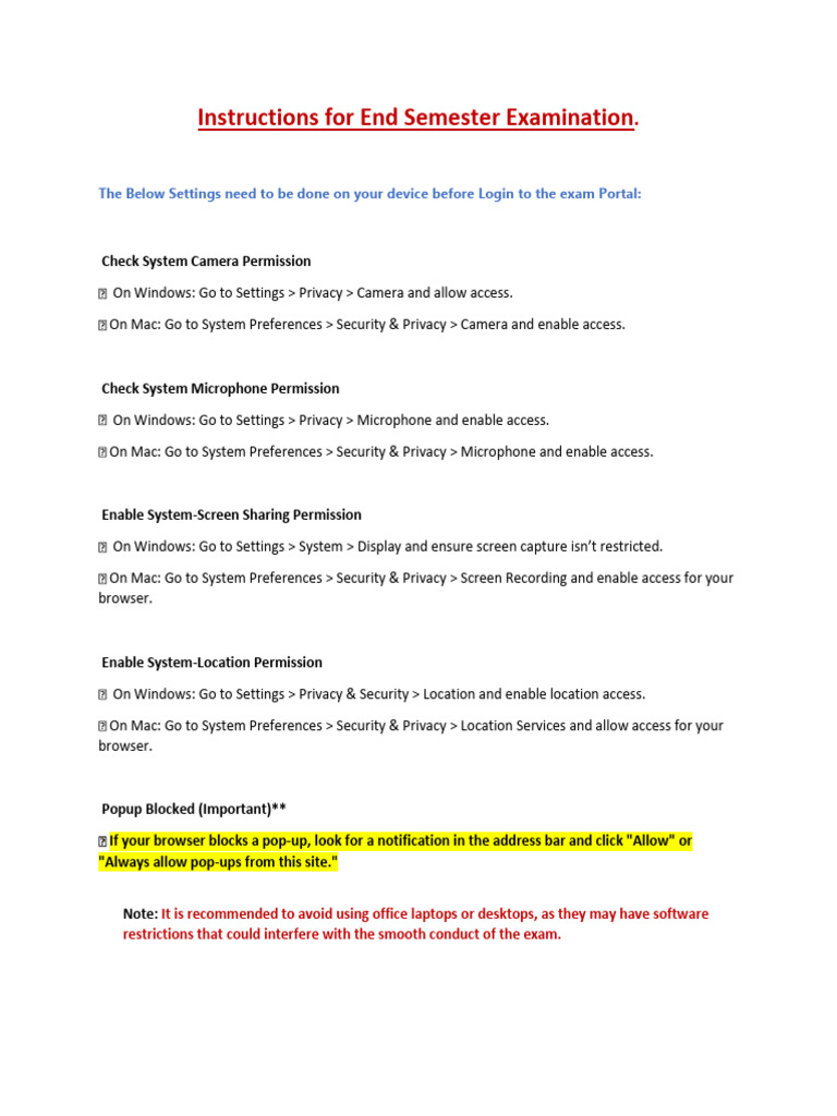 Instructions For End Semester Examination | PDF